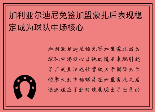 加利亚尔迪尼免签加盟蒙扎后表现稳定成为球队中场核心